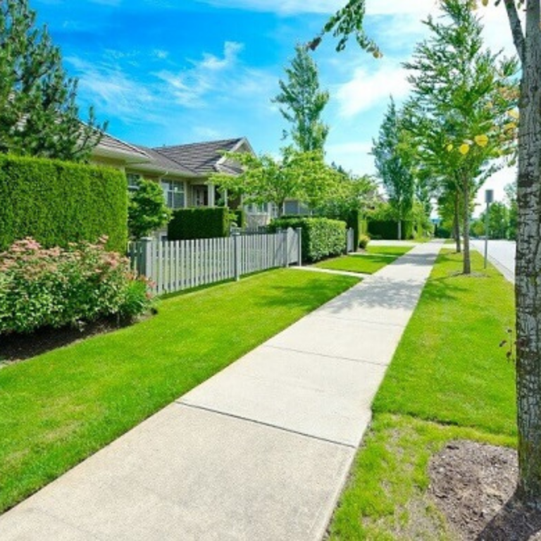 A well-maintained concrete sidewalk lined with green lawns and trees, reflecting the impact of expert concrete cleaning on community aesthetics and safety.