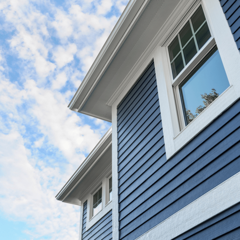A close-up of a house with deep blue horizontal siding and crisp white trim under a bright blue sky, highlighting the clean, refreshed appearance after professional exterior cleaning.