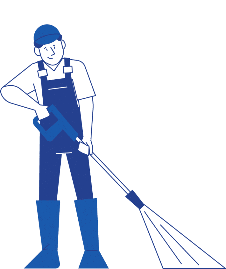 A stylized illustration of a worker in overalls holding a pressure washer, symbolizing professional exterior cleaning and maintenance services.